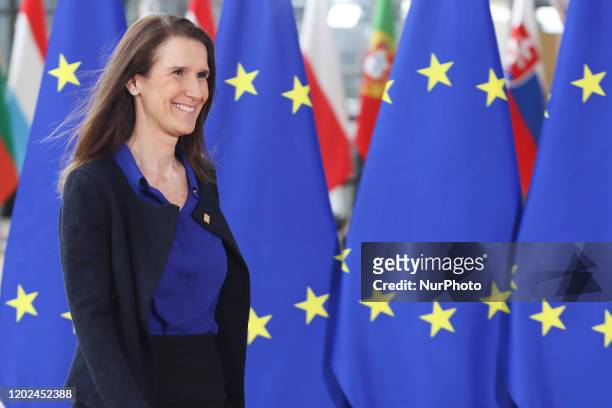 Sophie Wilmes Prime Minister of Belgium as seen arriving on the red carpet with EU flags in the background at forum Europa building and having a...