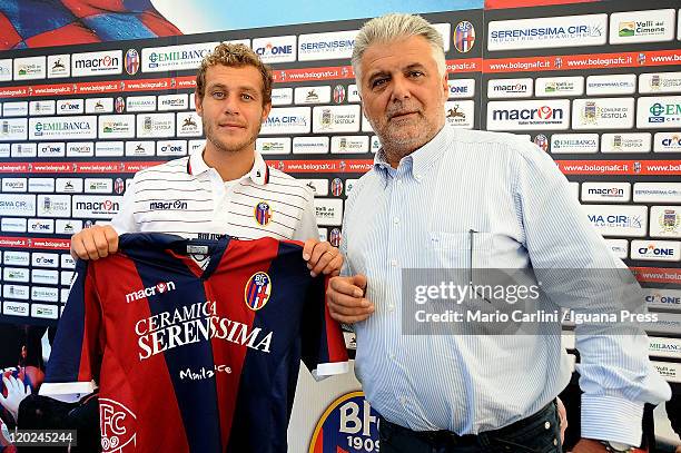 Alessandro Diamanti , the new player of Bologna FC, and Albano Guaraldi, President of Bologna FC, attend a press conference on August 2, 2011 in...