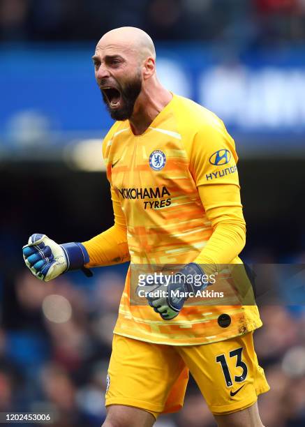 Willy Caballero of Chelsea celebrates during the Premier League match between Chelsea FC and Tottenham Hotspur at Stamford Bridge on February 22,...