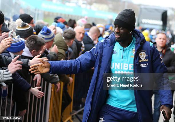 Jean-kevin Augustin of Leeds United arrives ahead of the Sky Bet Championship match between Leeds United and Reading at Elland Road on February 22,...