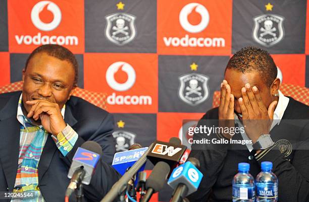 Orlando Pirates chairman Irvin Khoza and Benni McCarthy attend a press conference as McCarthy is unveiled as the Orlando Pirates new signing, on a...