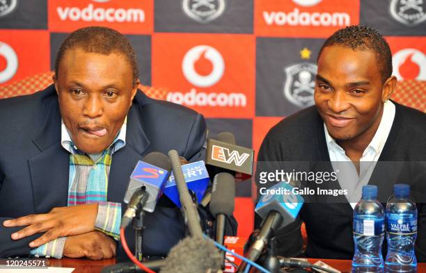 Orlando Pirates chairman Irvin Khoza and Benni McCarthy attend a press conference as McCarthy is unveiled as the Orlando Pirates new signing, on a...
