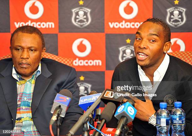 Orlando Pirates chairman Irvin Khoza and Benni McCarthy attend a press conference as McCarthy is unveiled as the Orlando Pirates new signing, on a...