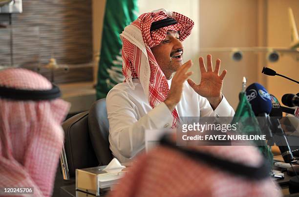 Saudi Prince Alwaleed bin Talal holds a press conference in Riyadh on August 2, 2011 to unveil plans about the world's tallest tower to be built in...