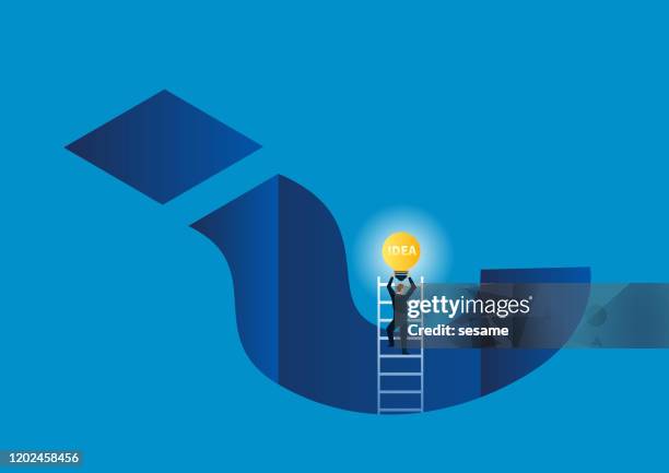 problem solving, businessman holding light bulb and climbing out of question mark - changing lightbulb stock illustrations