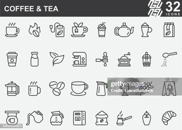 kaffee- und tee-linien-icons - geröstete kaffeebohne stock-grafiken, -clipart, -cartoons und -symbole