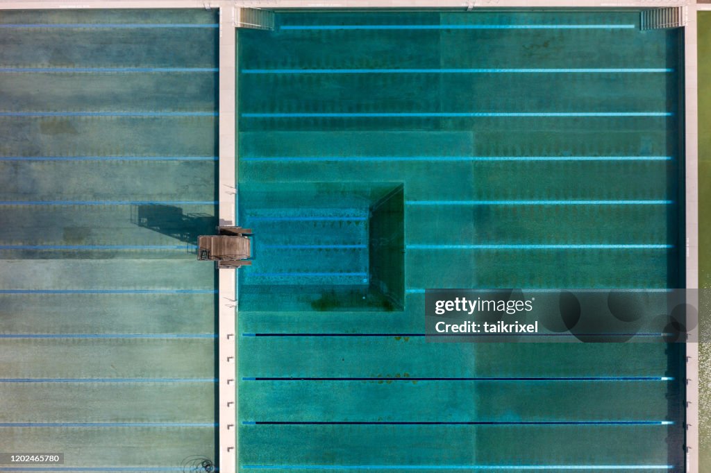 Diving tower in a swimming pool from above, Germany