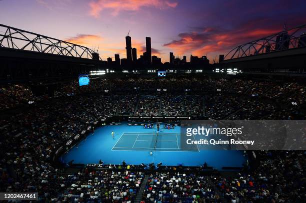 General view of Rod Laver Arean during the Men’s Singles Quarterfinal match between Novak Djokovic of Serbia and Milos Raonic of Canada on day nine...