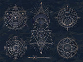 Vector set of Sacred symbols with moon, eye, sun and geometric figures on dark vintage background. Abstract mystic signs collection.