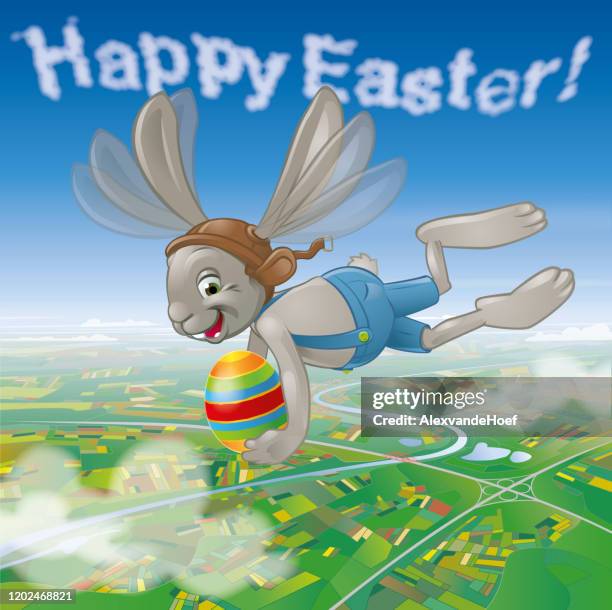 flying easterbunny with egg over landscape - easter eggs overhead stock illustrations