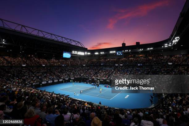 General view inside Rod Laver Arena during the Men's Singles Quarterfinals match between Novak Djokovic of Serbia and Milos Raonic of Canada on day...