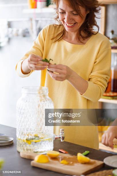 woman adding aromatic herbs to a juice - mint plant family stock pictures, royalty-free photos & images