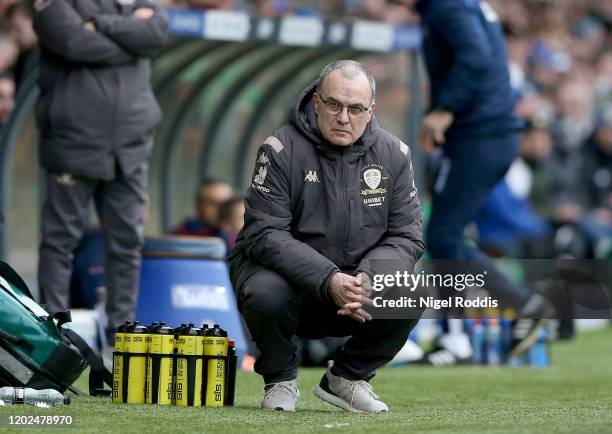 Marcelo Bielsa manager of Leeds United squats during the Sky Bet Championship match between Leeds United and Reading at Elland Road on February 22,...