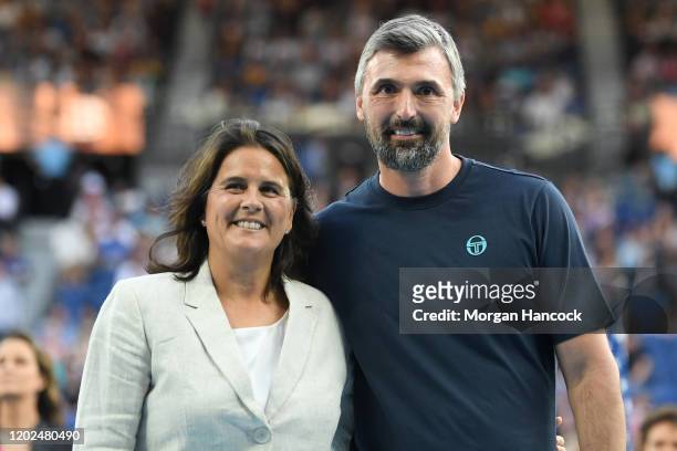 Former tennis players Conchita Martinez and Goran Ivanišević pose following a Tennis Hall of Fame ceremony where they were inducted into the Tennis...