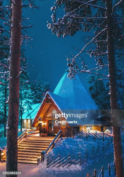 lapland restaurant kotahovi outside in santa claus village in rovaniemi in finland - woodland cafe stock pictures, royalty-free photos & images