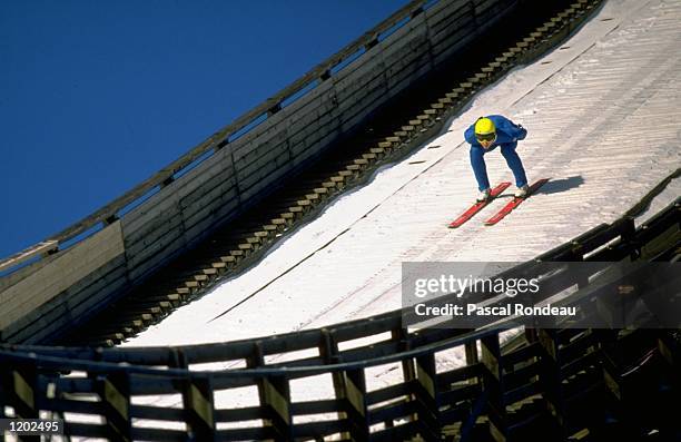 Competitor in action during a Mens K114 training session at the World Ski Championships in Lahti, Finland. \ Mandatory Credit: Pascal Rondeau/Allsport