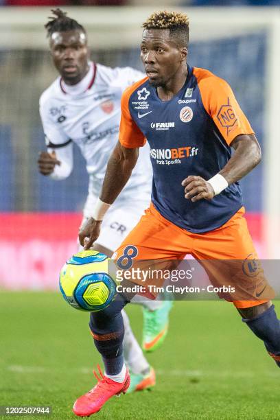 January 25: Ambroise Oyongo of Montpellier in action during the Montpellier V Dijon, French Ligue 1 regular season match at Stade de la Mosson on...