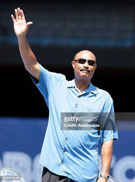 Former Blue Jays Manager Cito Gaston is welcomed during ceremony to retire Robbie Alomar's before MLB action at the Rogers Centre July 31, 2011 in...