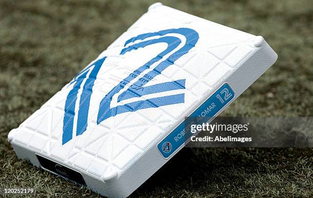 Second base used during the game showing Roberto Alomar MLB at the Rogers Centre July 31, 2011 in Toronto, Ontario, Canada.