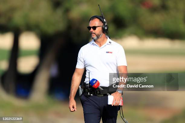 Andrew Coltart of Scotland working as an on course commentator for SKY television during the third round of the Omega Dubai Desert Classic on the...