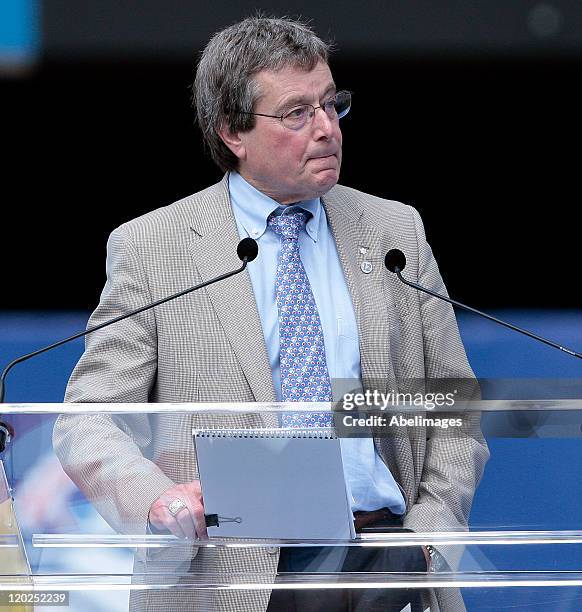 Paul Beeston, President and CEO, Toronto Blue Jays & Rogers Centre speaks during ceremony to retire Roberto Alomar's before MLB action at the Rogers...