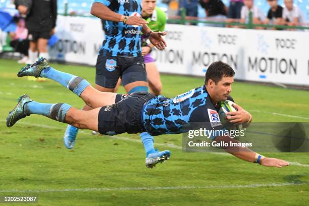 Morne Steyn of the Bulls scores during the Super Rugby match between Vodacom Bulls and Blues at Loftus Versfeld on February 22, 2020 in Pretoria,...