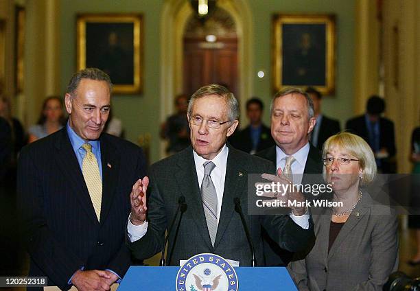 Senate Majority Leader Harry Reid , speaks while flanked by U.S. Sen. Charles Schumer , U.S. Sen. Richard Durbin and U.S. Sen. Patty Murray ,...