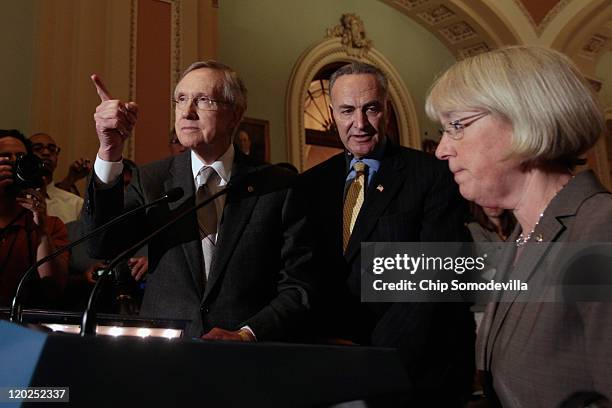 Senate Majority Leader Sen. Harry Reid , Sen. Charles Schumer and Sen. Patty Murray hold a news conference at the U.S. Capitol August 2, 2011 in...