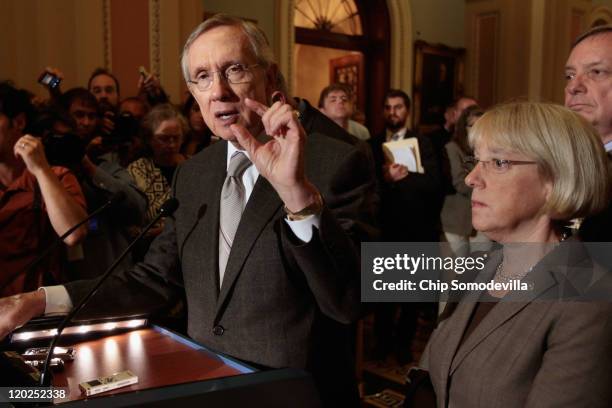 Senate Majority Leader Sen. Harry Reid , Sen. Patty Murray , and Senate Majority Whip Sen. Richard Durbin hold a news conference at the U.S. Capitol...