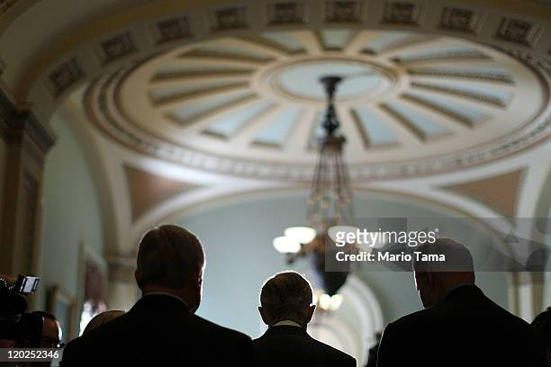 Senate Majority Leader Sen. Harry Reid addresses the media with U.S. Sen. Richard Durbin , and U.S. Sen. Charles Schumer after voting on the debt...