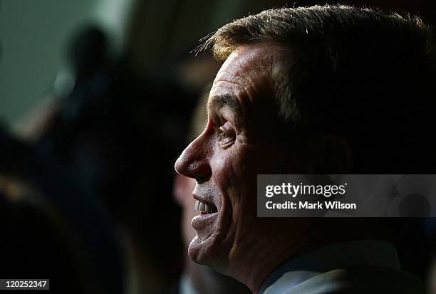 Sen. Mark Warner speaks to reporters following a vote on the debt limit bill at the U.S. Capitol on August 2, 2011 in Washington, DC. Washington, DC....