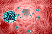 Enveloped virus particle in vein , 3D rendering