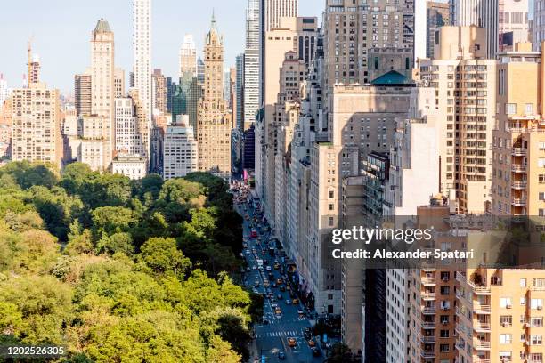 aerial view of central park and 59th street, new york, usa - central park manhattan fotografías e imágenes de stock