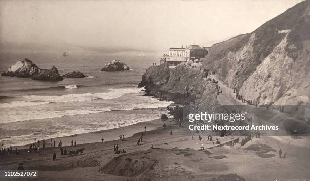 Souvenir Cabinet Card depicting Victorian San Francisco, California, tourism destination, the Cliff House and Seal Rock, a restaurant and home to...