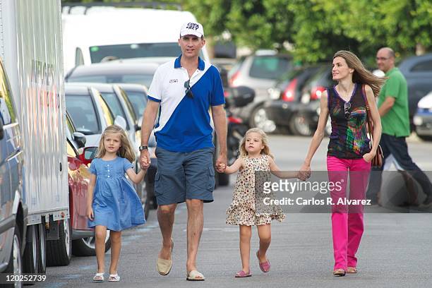 Prince Felipe of Spain, Princess Letizia of Spain and their daughters Princess Sofia and Princess Leonor arrive to the Real Club Nautico de Palma to...
