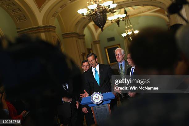 Sen. John Thune speaks after the Senate voted on the debt limit bill at the U.S. Capitol on August 2, 2011 in Washington, DC. The Senate voted 74-26...