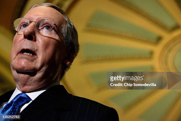 Senate Minority Leader Sen. Mitch McConnell talks with reporters at the U.S. Capitol August 2, 2011 in Washington, DC. The Senate voted 74-26 to pass...