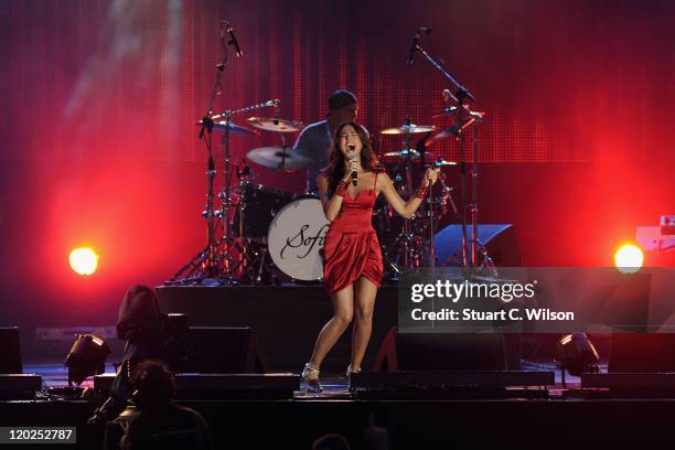 Singer Sofia Nizharadze performs on stage during MTV Live Georgia at Europe Square on August 2, 2011 in Batumi, Georgia.