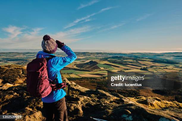 woman on bennachie summit, aberdeenshire, scotland - grampian scotland stock pictures, royalty-free photos & images