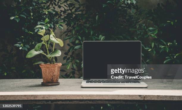 laptop computer blank screen on table in cafe background. laptop with blank screen on table of coffee shop blur background. - office desk front view stock pictures, royalty-free photos & images