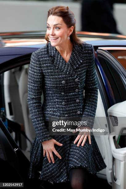 Catherine, Duchess of Cambridge steps out of her chauffeur driven Jaguar I-PACE electric car as she arrives to join a workshop run by the National...