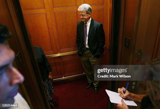 Sen. Tom Coburn , rides an elevator following the vote to raise the dept limit at the U.S. Capitol on August 2, 2011 in Washington, DC. Washington,...