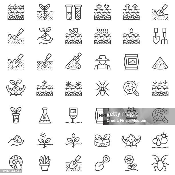 ilustraciones, imágenes clip art, dibujos animados e iconos de stock de conjunto de iconos de línea de suelo - geologia