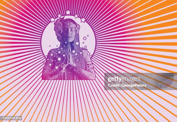 retro-stil 1960 hippie meditieren - heiligenschein stock-grafiken, -clipart, -cartoons und -symbole