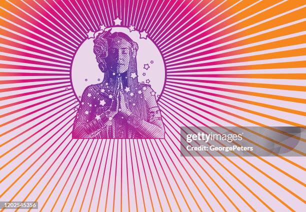 retro style 1960's hippie meditating - halo symbol stock illustrations