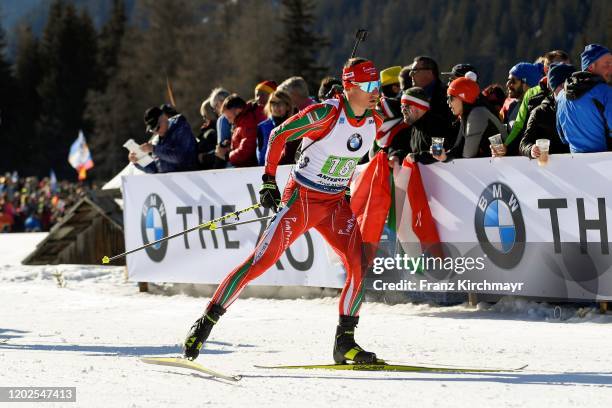 Krasimir Anev of Bulgaria competes during in the men 4x7.5 km Relay Competition at the IBU World Championships Biathlon Antholz-Anterselva on...