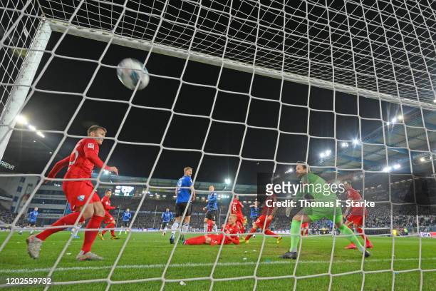 Andreas Voglsammer of Bielefeld scores his teams first goal during the Second Bundesliga match between DSC Arminia Bielefeld and VfL Bochum 1848 at...