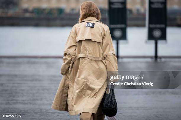 Tina Andrea seen wearing beige Diesel coat outside 7 Days on Day 1 during Copenhagen Fashion Week Autumn/Winter 2020 on January 28, 2020 in...