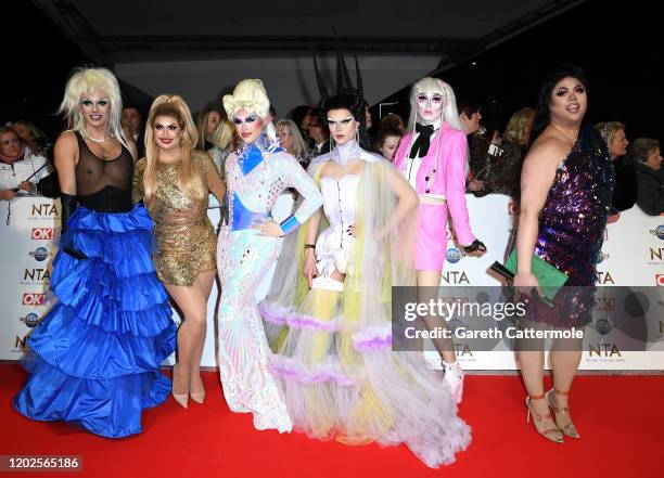 Sum Ting Wong, Scaredy Kat, Blu Hydrangea, Cheryl Hole, Crystal and Gothy Kendoll of RuPaul's Drag Race attend the National Television Awards 2020 at...