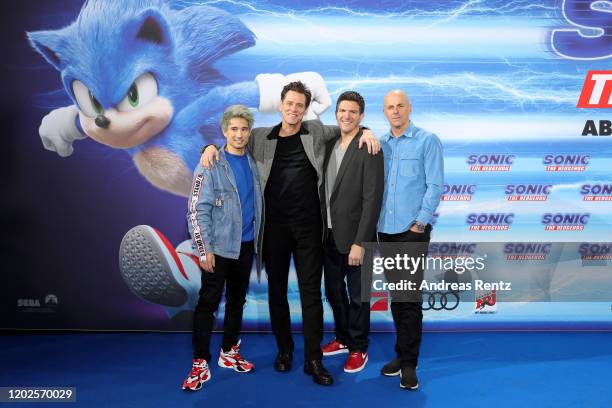 Julien Bam, Jim Carrey, Jeff Fowler and producer Neal H. Moritz attend the Special Screening of "Sonic the Hedgehog" at Zoo Palast on January 28,...